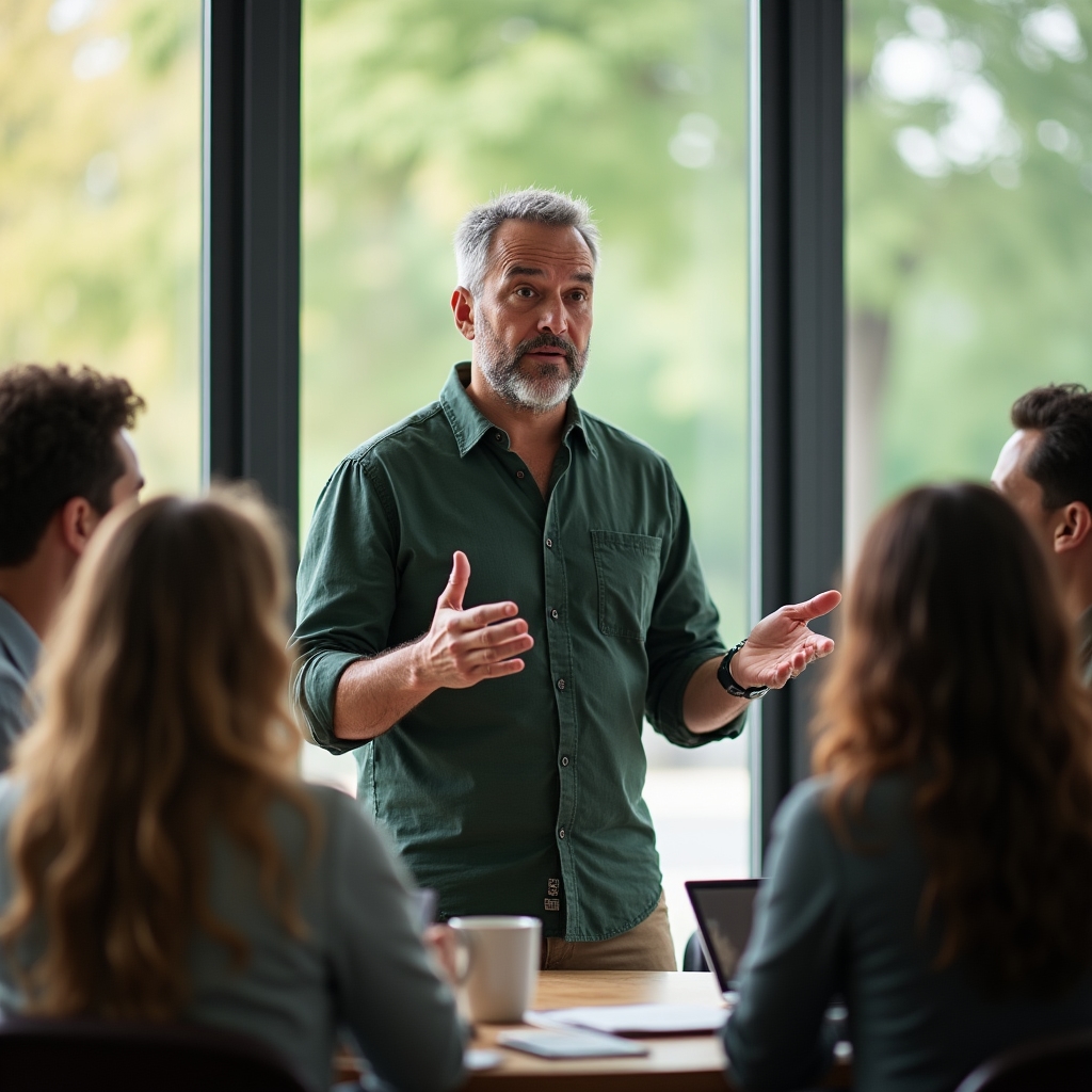 Facilitator guiding a small group through a structured learning conversation
