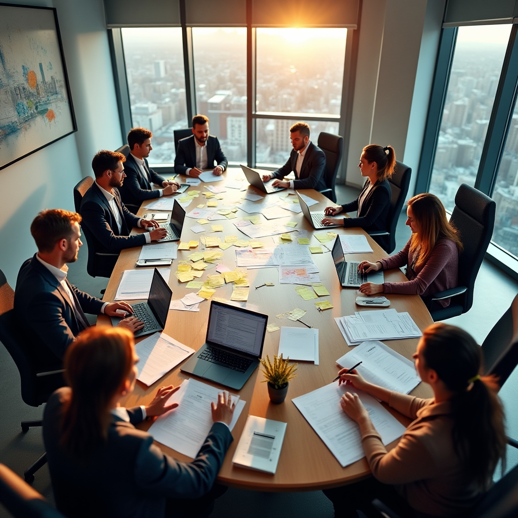 Diverse operations team working together around a conference table